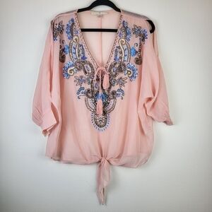 NWOT Boston Proper embroidered beaded sheer cold shoulder pink top Size S Boho